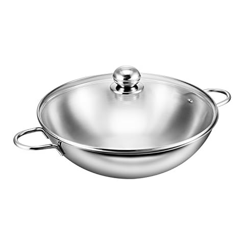 KOPF Josie Wok with Glass Lid, Stainless Steel, Diameter 32 cm Cover