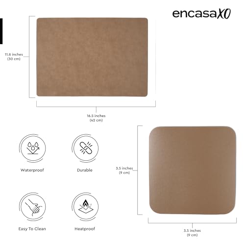 Image of Encasa XO Leather Dining Table Mat Set of 4 + 4 Coasters, 42x30 & 9 cm | Water & Heat Resistant Double-Layer Dining Table Mats with Suede Top | Wipeable & Durable Taupe Placemats for Dining Table