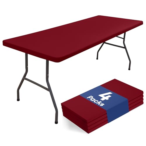 homing 4 Packs 6 Foot Rectangle Table Cloth, Waterproof Polyester Elastic Fitted Tablecloth, Washable Table Cover for Christmas, Holiday, Party, Outdoor (Wine Red, 30" x 72")