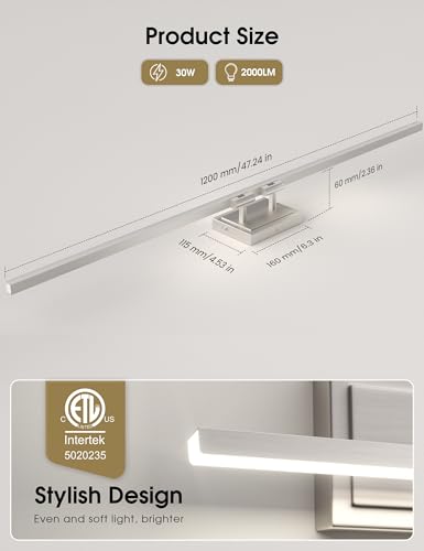 Image of VOLISUN Modern Bathroom Vanity Light 48 inch, Rotatable, 30W Dimmable 5CCT Led Bathroom Light Fixture Over Mirror, Brushed Nickel Bar Vanity Light for Bathroom Mirror Cabinets-ETL Certificated