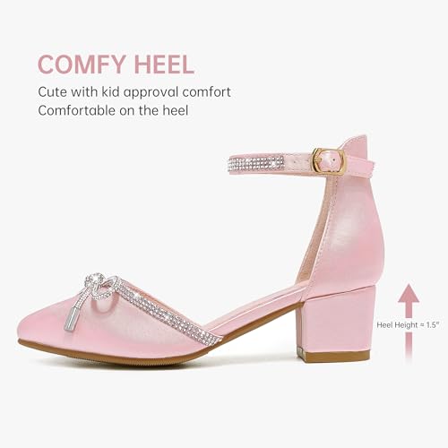 Image of LAURMOSA Girls Sandals Closed Toe High Heels Pointed Toe Ankle Strap Pumps Flower Girl Dressy Shoes in Wedding Party Cute Bowknot Chunky Block Heeled for Little Big Kids