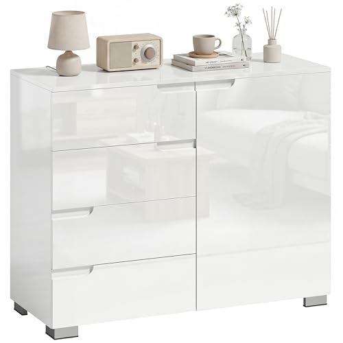 HOMCOM Commode à 4 tiroirs avec 1 porte, étagère réglable, armoire de rangement, haute brillance, avec fonction de fermeture amortie, pour salon, chambre...