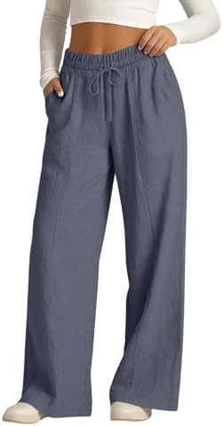 Rseomihvy Women's Cotton Linen Pants Summer Straight Wide Leg Trousers Drawstring Elastic Waist Loose Beach Vacation Outfits Dark Gray - 1