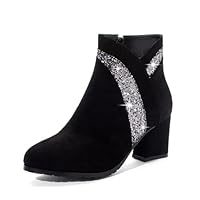 Elyffany Woman Fashion Block Chunky Heel Ankle Booties Round Toe Side Zipper Dress Boots Black