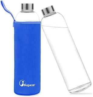 Bugucat Borosilicate Glass Water Bottles 1000ML, Reusable Bamboo Lid Drinking Bottle with Protective Sleeves,Juice Beverage Container BPA-Free Leak Proof for School Sport Yoga Gym Hot Cold Drinks