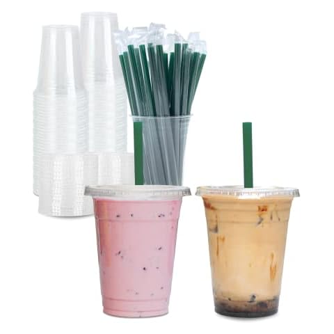 Aatriet [100 Sets] 16 oz Clear Plastic Cups with Lids and STRAWS, Disposable Party Cups for To Go Iced Coffee Cold Drinks, Smoothie, Juice, Parfait, Frappuccino, Milkshake. No Leaking Fruit Cup Cover