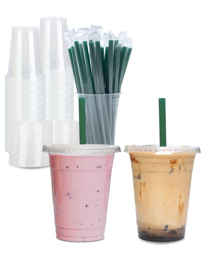 100 Sets 16 oz Clear Plastic Cups with Lids and Straws - Disposable Party Cups for Iced Coffee, Smoothies, Juice, Parfait, Frappuccino, Milkshake - No Leaking, BPA-Free, Food Safe, Perfect for Home Baristas, Office, Dorm, and On-the-Go Beverages
