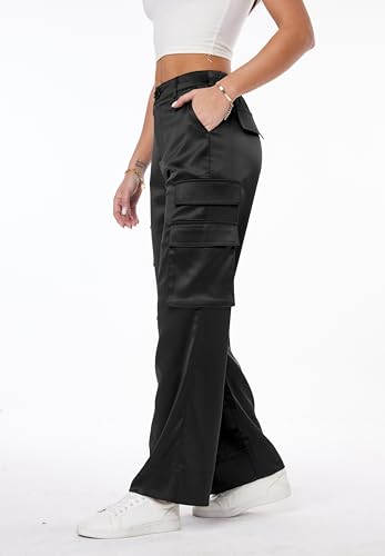 Women's Satin Cargo Wide Leg Pants Silky Party Dressy Casual Pocketed Pant Long Trouser2