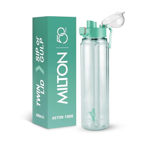 Image of MILTON Aston 1000 BPA & BPS-Free Water Bottle 1 ltr | Food-Grade Plastic | One-Click Open | Leak-Proof | Sip & Gulp Lid I Ideal for Office, School, College, Gym, Turquoise Blue