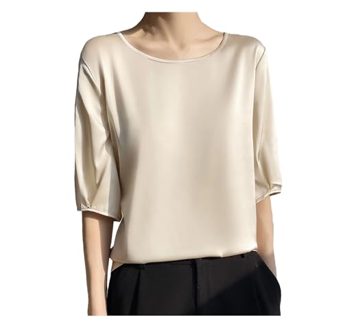 Women's Half Sleeve Loose Satin Blouses Summer Round Casual Neck T-Shirt