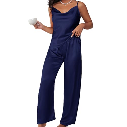 Alexis Leroy Ensemble Pyjama Femme Satin Sexy Cami Col en V Pantalons - Bleu Foncé XL