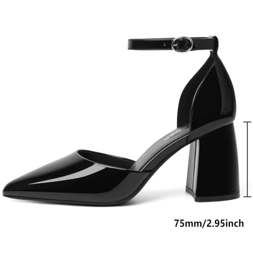 Image of RIBONGZ Block Heels for Women Closed Pointed Toe Heeled Slingback Chunky High Heel Ankle Strap Pumps Patent Leather Comfort Dressy Shoes for Work Party Prom Wedding Bridal Dress