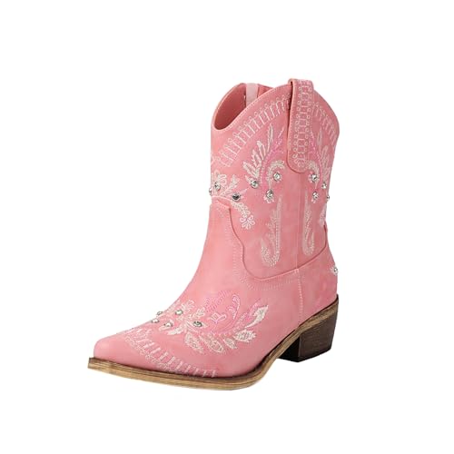 Women's Cowboy Ankle Boots Western Booties with Sparkly Rhinestone Low Heel