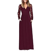 WNEEDU Womens Fall Dresses 2025 Lace Long Sleeve Maxi Dress V Neck Wrap Waist Casual Long Dress with Pockets Wine Red L