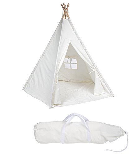 Laylala 6' Indoor Indian Playhouse Toy Teepee Play Tent for Kids Toddlers Canvas Teepee with Carry Case with Mat (White)