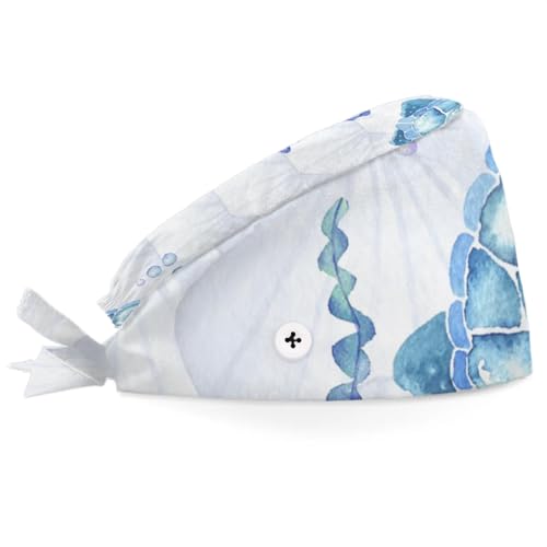 Mularoka Watercolour Turtle Shell Working Caps with Button Sweatband Comfortable Adjustable Bouffant Hats Work Hat for Women Men