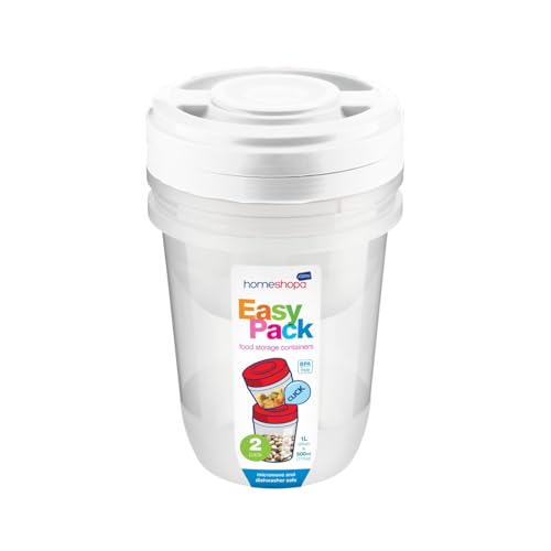 HOMESHOPA White Round Plastic Food Storage Containers, 2 Pack - 500ml & 1L Screw & Seal Lids BPA-Free Stackable Leak-Proof Airtight Canisters, Microwave and Dishwasher Safe