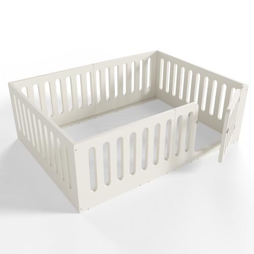 Image of Bellemave Full Montessori Floor Bed Frame,Beige | Solid wood kids montessori floor bed with high safety fence & door, low to ground design for girls and boys