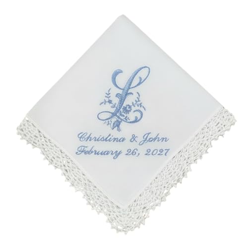 Something Blue Wedding Handkerchief for Bride and Groom | Embroidered Personalized Bridal Handkerchief Wedding Day Hanky Bride Gift (up to 135 characters)