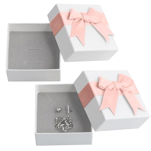 HUSAIHU 2Pcs Small Gift Box for Jewellery With Lid - Pink Bow-knot Boxes for Rings, Earrings, Necklace, Bracelet - Perfect for Weddings, Birthdays, Christmas (7x7x3.5cm)