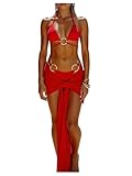 Verdusa Women's 3 Piece Halter String Bikini Set Metal Ring High Cut Swimsuit with Cover Up Skirt Red Small