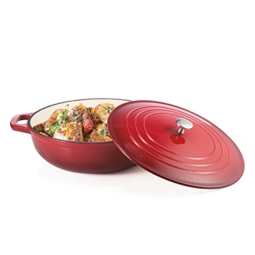 BERELA HOME Lacocotte Kochtopf aus Gusseisen, emailliert, 30 cm/5 l, antihaftbeschichtet, mit rundem Deckel, Induktionskasserolle - Rot Cover