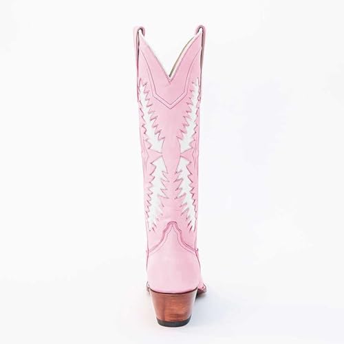 Women's Fashion Embroidered Cowboy Boots, Almond Toe Chunky Heel Pull On with Tree Leaf inlay Knee High Boots2