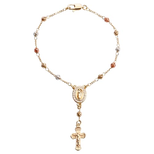 HELLOWIN Gold Plated Beads Catholic Guadalupe Car Rearview Mirror Rosary Hanging Charm Chain for Women with Gift Box (Hollow beads Guadalupe)