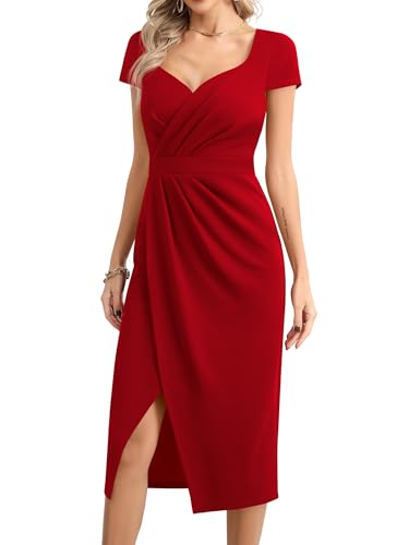Robe de cocktail pour femme : robe midi de soirée moulante avec manches courtes et fente