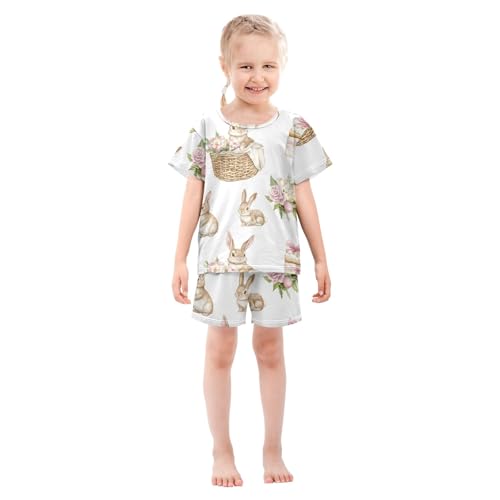 Summer Pajama Set Watercolor Easter Rabbit Pattern, Short Sleeve Sleepwear Nightwear3
