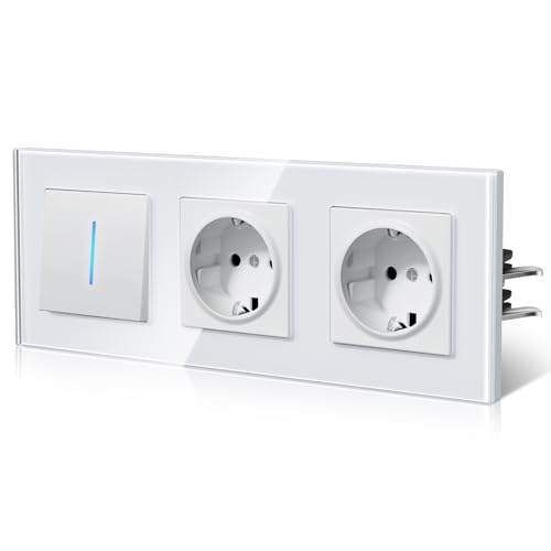 BSEED Enchufe y Interruptor,interruptor Conmutador con Garfio,Basculante con Pilotitos LED,Panel de Vidrio,Seguridad Infantil,Fácil Instalación,E-Serie,1 Gang 2 Vía Con 2 Enchufes,228mm Blanco