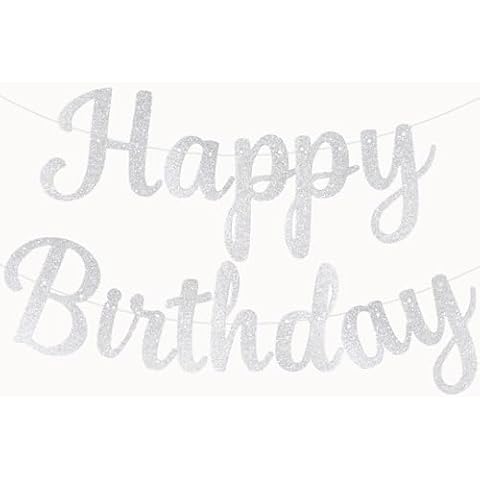 Accevo Silver Happy Birthday Banner Pre-Strung Happy Birthday Banner Glitter Silver Happy Birthday Sign NO DIY Happy Birthday Banner for Kids & Adults Birthday Party Decorations Cover