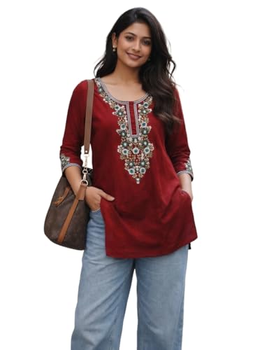 Image of HAUTEMODA Women Cotton Floral Embroidered Short Kurti, Tunic, Three-Fourth Sleeves, White