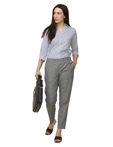Image of WEARHOUSE Women's Polyester Solid Formal Elasticated Trousers Pant | Stripped Regular Fit for Office | Formal | (Grey)
