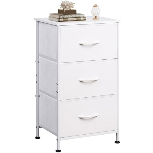 Image of WLIVE Nightstand with 3 Drawers, Fabric Dresser, Organizer Unit, Storage Dresser for Bedroom, Hallway, Entryway, Closets, Sturdy Steel Frame, Wood Top, Easy Pull Handle, White