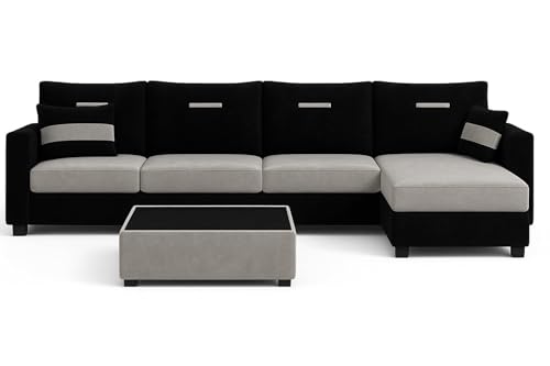 Image of CASASTYLE Adonway 8 Seater Fabric RHS L Shape Sofa Set (Light Grey-Black) Premium Velvet Finish | Ideal for Living Rooms