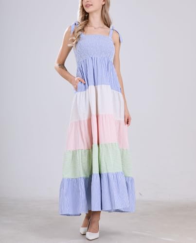 Image of chouyatou Women's Color Block Striped Smocked Maxi Dress Sexy Spaghetti Strap Tiered Flowy Beach Maxi Dress