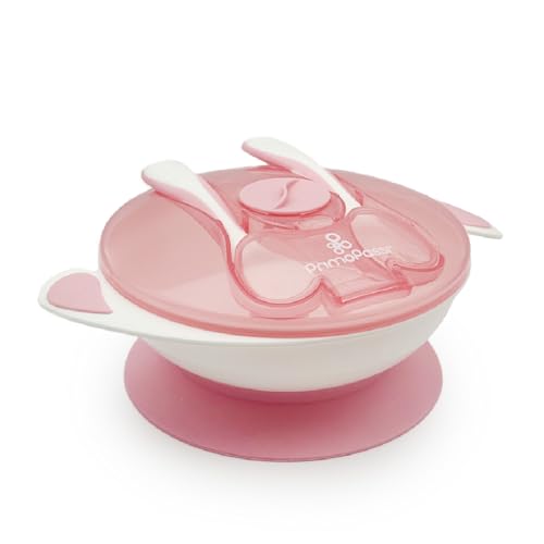 Baby Suction Bowl with Lid Snap-in Fork & Spoon - BPA Free First Stage Self Feeding Utensils - by Primo Passi |Pink|