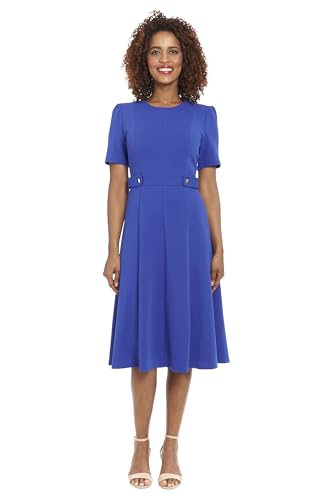 Image of London Times Women's Short Sleeve Crepe Fit and Flare Midi with Waist Button Detail