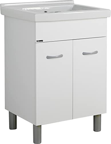 Mobile Lavatoio 60x50 in Ceramica Completo con Pilozza Profonda – Mobile Lavanderia Salvaspazio per Interno garage e Terrazze – con Sifone e Piletta Inclusi – Jo-Bagno (NO Foro Rubinetto)