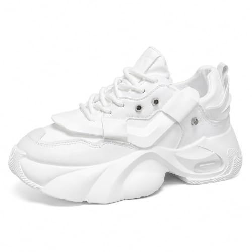 Men's White Chunky Sneakers | Premium Casual Lace-Up Shoes | Cush...