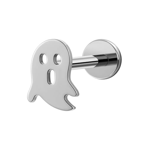FINE4U ASTM F136 Titanium Gothic Halloween Floating Ghost Labret - 16G Internally Threaded screw on earrings for Helix Conch Tragus Hypoallergenic Flatback Cartilage Piercing Jewelry