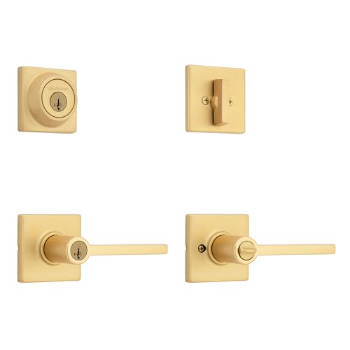 Image of Kwikset Casey Front Door Lock Handle and Deadbolt Set, Keyed Entry Combo Pack, Satin Brass, Pick Resistant SmartKey Rekey Deadbolt Security