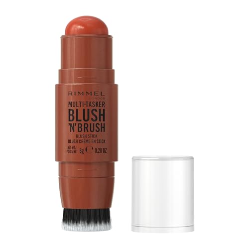 Rimmel London Multi-Tasker Blush'N'Brush Stick, colore modulabile, resistente all'acqua, pennello integrato, scorre facilmente, 8g, 300 NEARLY SUEDE