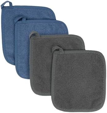 RITZ Terry Potholder & Hot Pad: Heat Resistant, Durable 100% Cotton – Ergonomically Designed for Optimal Grip, Easy-Care Machine Washable, Perfect for Your Kitchen – Federal/Graphite, 4-Pack