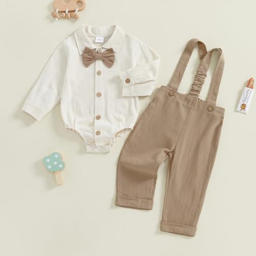 Infant Baby Boys Gentleman Outfits Long Sleeve Bowtie Romper+Suspender Overalls Pants Set Wedding Set Formal2