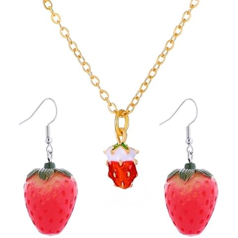 SWUWUWU Simulated Fruit Strawberry Necklace Earring Set, Sweet Fruit Charm Earrings Necklace Cute Food Fruit Strawberry Dangle Earrings for Women Cover