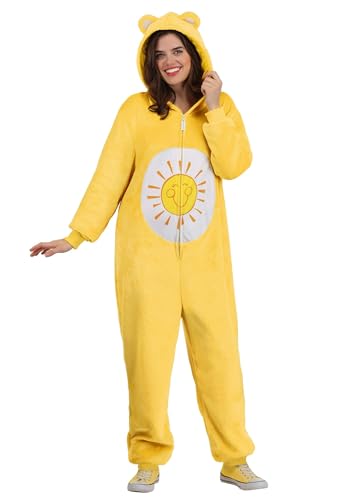 Adult Care Bears Funshine Bear Costume Jumpsuit for Men & Women with Hood Ears & Embroidered Heart - Halloween Cosplay X-Large
