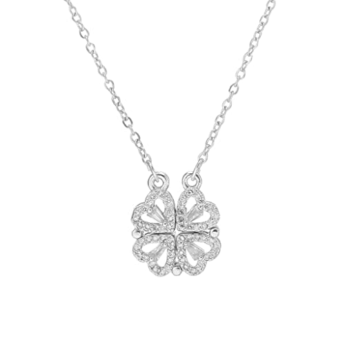 hahawali A Multi-wear Four-Leaf Clover Necklace-Silver Four Leaf Clover Necklace Heart-Shaped Clavicle Chain Openable Choker Jewellery