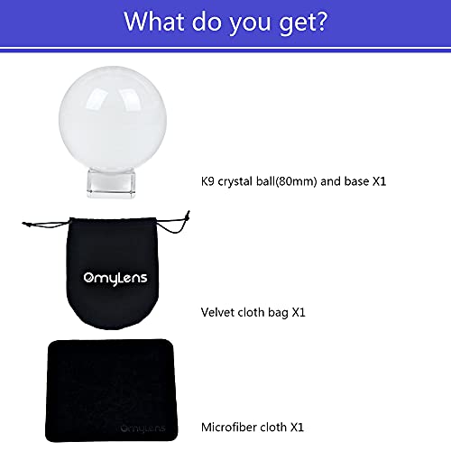 Omylens Lens Ball (80mm), K9 Crystal Ball with Stand and Silk Bag, for Photography Accessories and Props, Heal Magic Ball and Decorative(8cm/3.15″ Set Clear Crystal Ball)